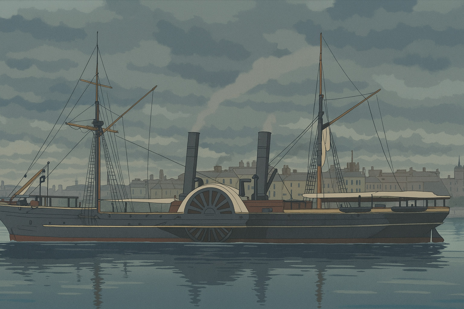 Victorian Harbor and Steamship Scene